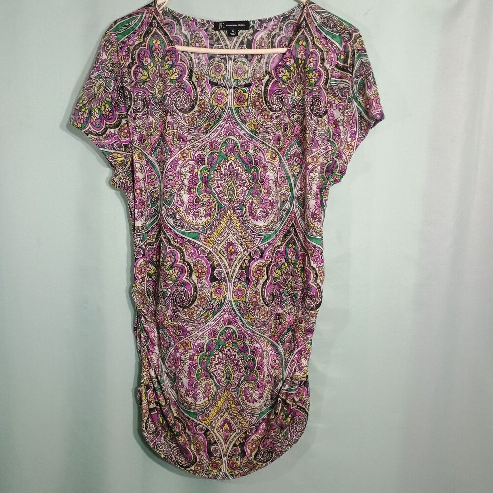 Women’s Pink Green Paisley Tunic Top – Short Sleeve Boho Print Long Blouse